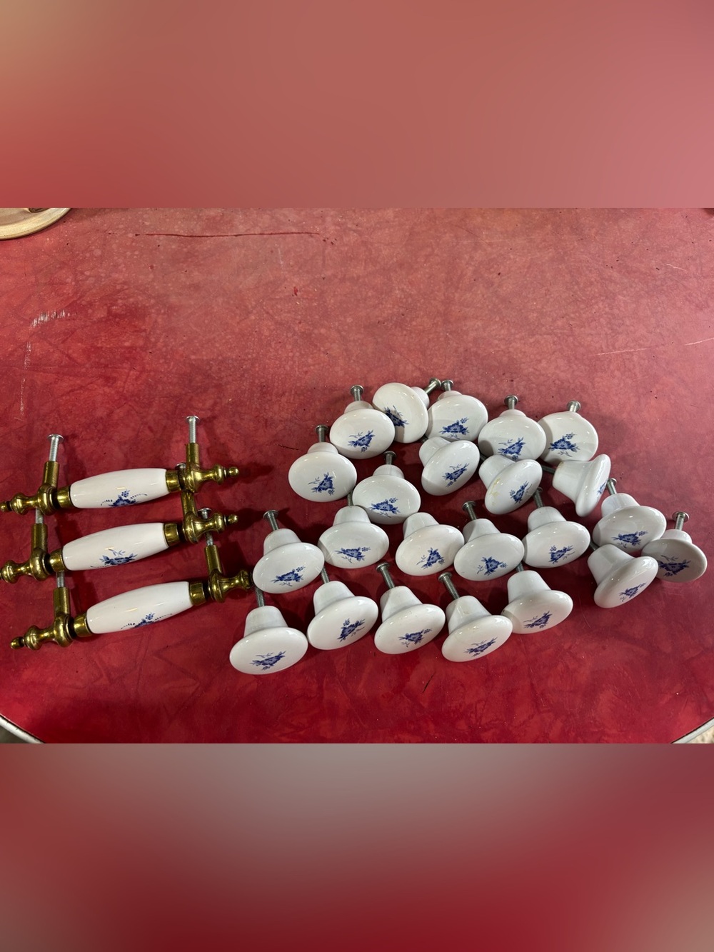 Set of 3 brass and ceramic dresser drawer pulls white with blue flower